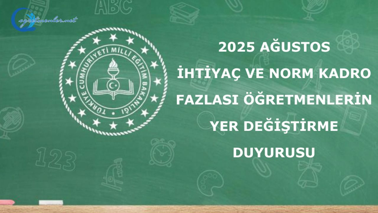 2025 Ağustos İhtiyaç ve Norm Kadro Fazlası Öğretmenlerin Yer Değiştirme Duyurusu