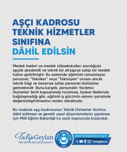 Aşçı kadroları teknik hizmetler kadrosuna alınmalıdır