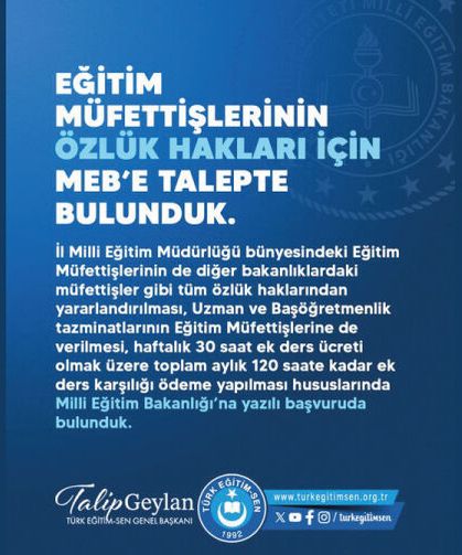 EĞİTİM MÜFETTİŞLERİNİN ÖZLÜK HAKLARI İÇİN MEB’E TALEPTE BULUNDUK