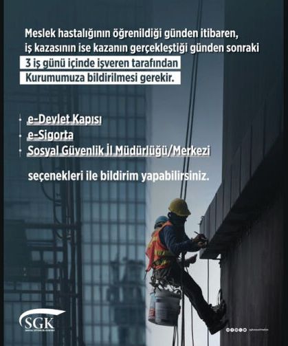 MESLEK HASTALIĞI BİLDİRİMLERİNİ SÜRESİNDE YAPMAYI UNUTMAYIN!