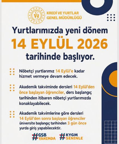 Yurtlarımızda yeni dönem 14 Eylül tarihinde başlıyor