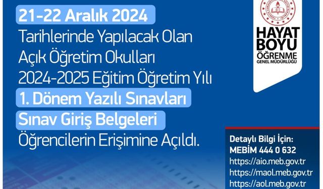 Açık Öğretim Okullarının Sınavlarına Giriş Belgeleri öğrencilerin erişimine açıldı