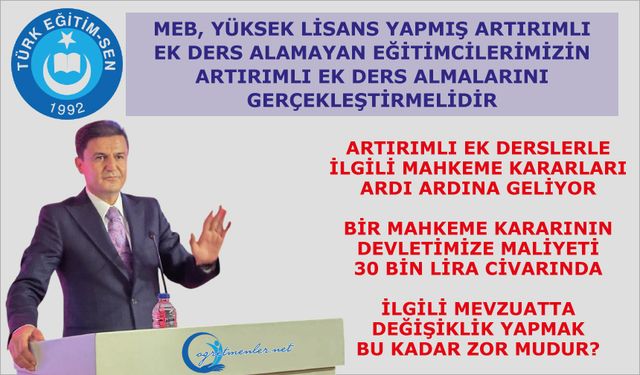 MEB, yüksek lisans yapmış artırımlı ek ders alamayan eğitimcilerimizin, artırımlı ek ders almalarını gerçekleştirmelidir