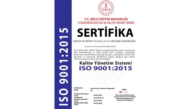 YEĞİTEK, ISO 9001:2015 Kalite Yönetim Sistemi Sertifikası Almaya Hak Kazandı