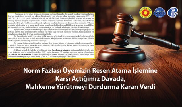 Norm Fazlası Üyemizin Resen Atama İşlemine Karşı Açtığımız Davada, Mahkeme Yürütmeyi Durdurma Kararı Verd