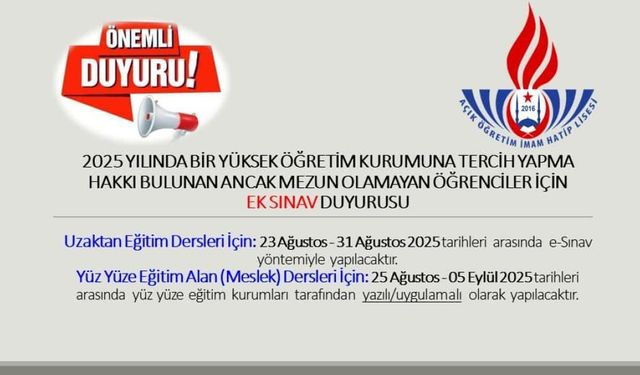 Mezun Olamayan Öğrenciler İçin Ek Sınav Duyurusu
