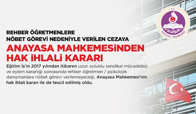 Rehber Öğretmenlere Nöbet Görevi Nedeniyle Verilen Ceza AYM'den Döndü