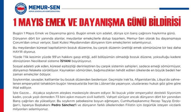 1 Mayıs Emek ve Dayanışma Günü Bildirisi