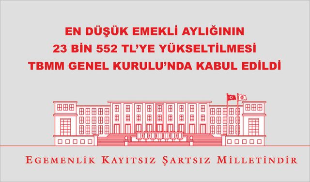 En düşük emekli aylığının 23 bin 552 TL’ye yükseltilmesi TBMM Genel Kurulu’nda kabul edildi