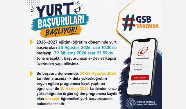 2026-2027 Eğitim-Öğretim dönemi yurt başvuruları 25 Ağustos Salı günü e-Devlet üzerinden başlıyor!