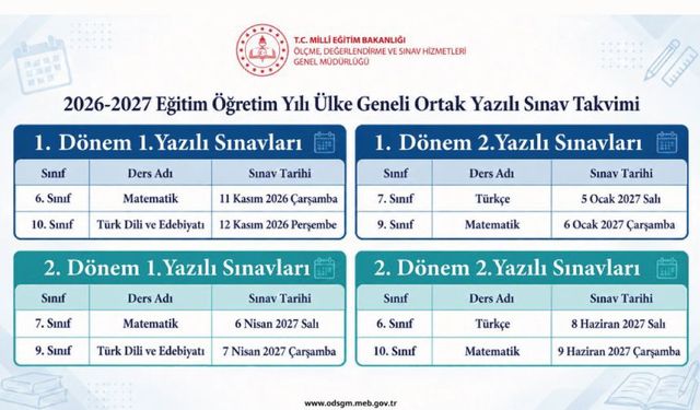 ÜLKE GENELİ ORTAK YAZILI SINAV TAKVİMİ BELLİ OLDU