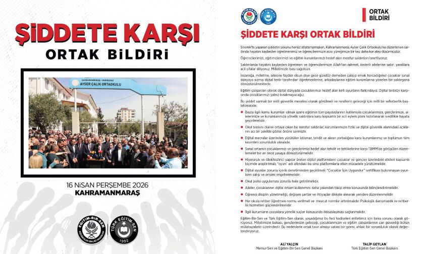 EĞİTİM-BİR-SEN ve| TÜRK EĞİTİM-SEN ŞİDDETE KARŞI ORTAK BİLDİRİ YAYIMLADI