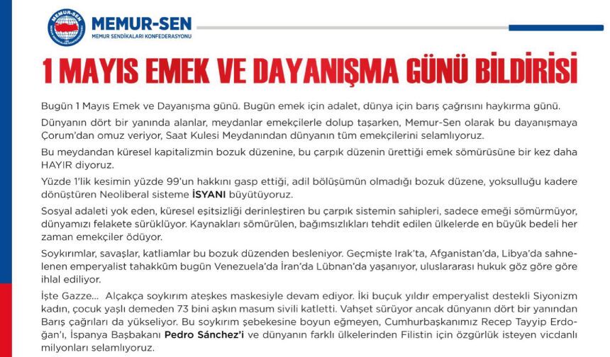 1 Mayıs Emek ve Dayanışma Günü Bildirisi