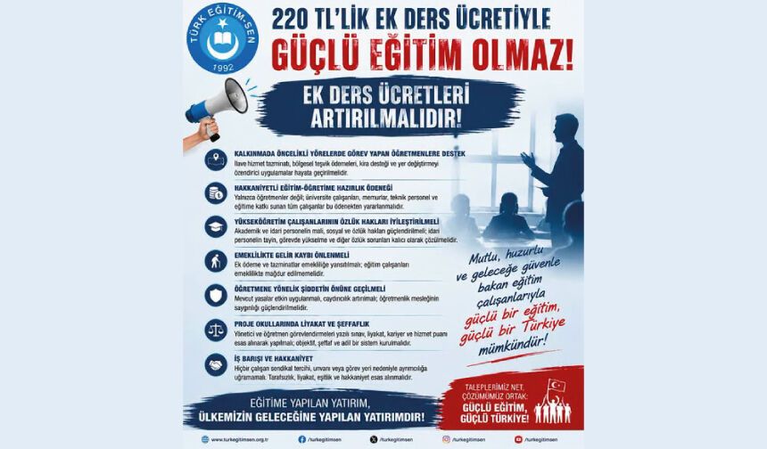 220 TL’LİK EK DERS ÜCRETİYLE GÜÇLÜ EĞİTİM OLMAZ!