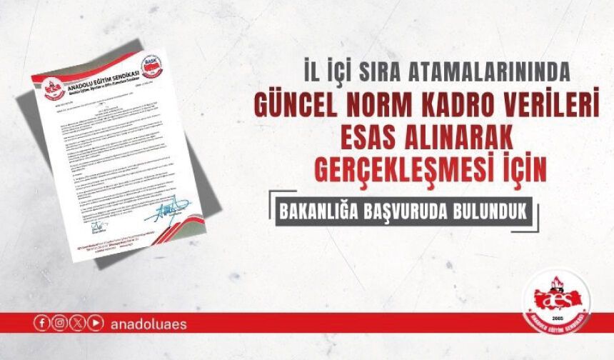 İL İÇİ SIRA ATAMALARINDA GÜNCEL NORM VERİLERİNİN ESAS ALINMASI İÇİN MEB’DEN TALEPTE BULUNDUK