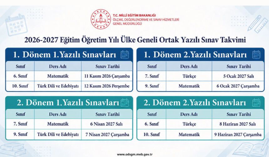 ÜLKE GENELİ ORTAK YAZILI SINAV TAKVİMİ BELLİ OLDU