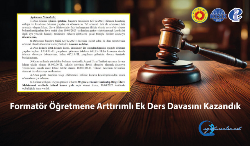 Formatör Öğretmene Arttırımlı Ek Ders Davasını Kazanıldı