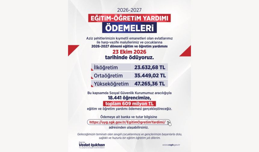 Eğitim-öğretim yardımı ödemelerini 23 Ekim Cuma günü gerçekleştiriyoruz